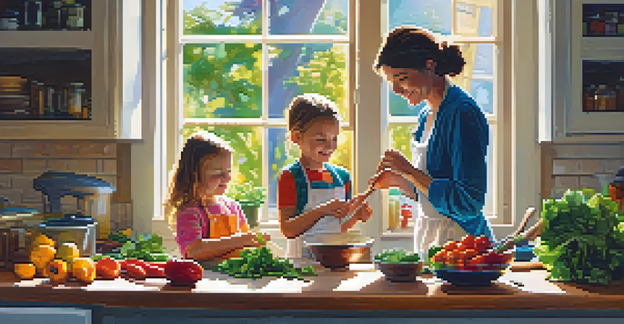 A child and parent cooking together in a cozy kitchen, with fresh vegetables and a colorful salad.