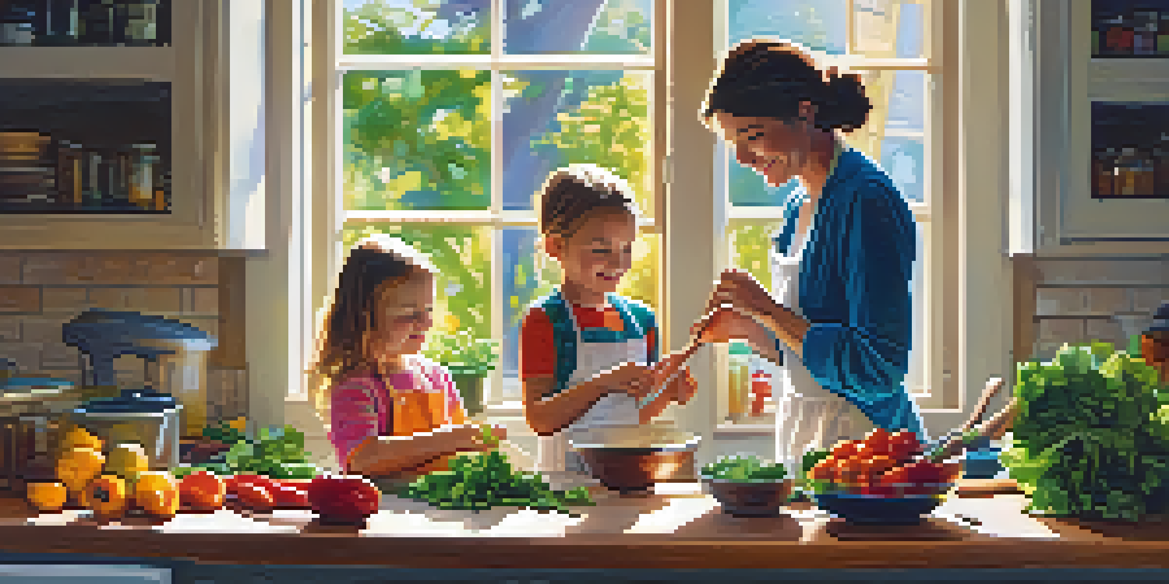 A child and parent cooking together in a cozy kitchen, with fresh vegetables and a colorful salad.