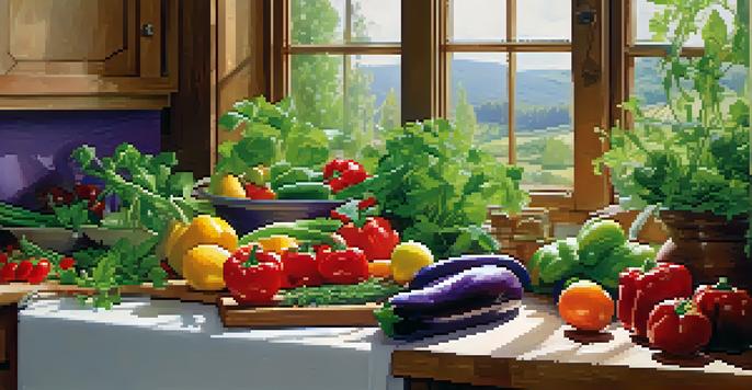 A well-lit kitchen with fresh vegetables and herbs on the countertop, and an open cookbook featuring allergy-friendly recipes.