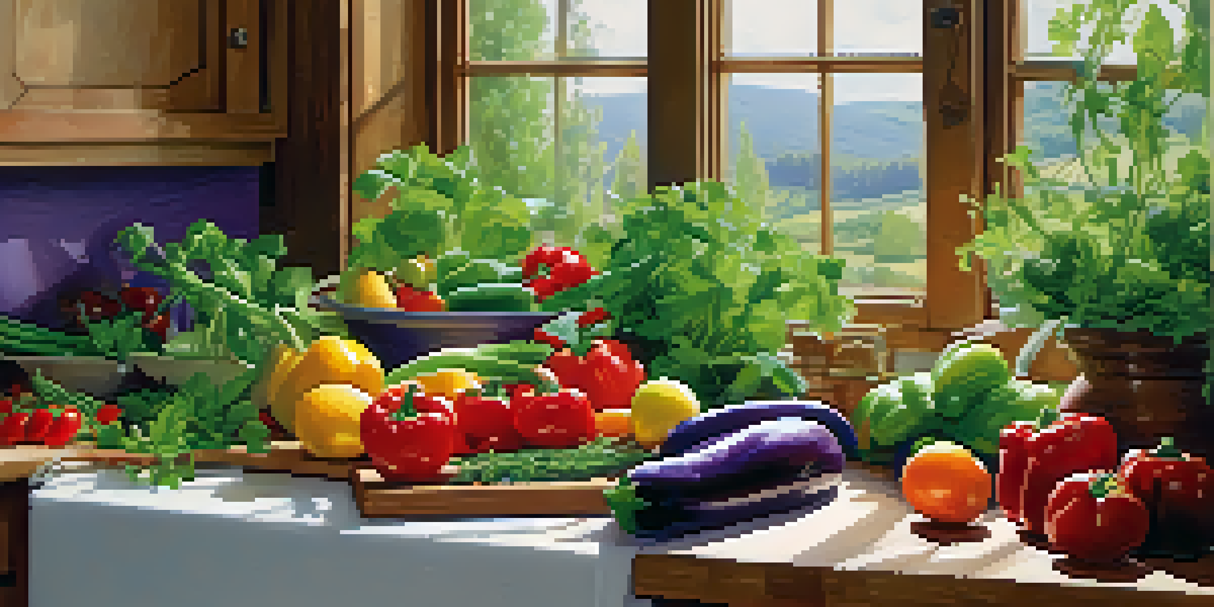 A well-lit kitchen with fresh vegetables and herbs on the countertop, and an open cookbook featuring allergy-friendly recipes.