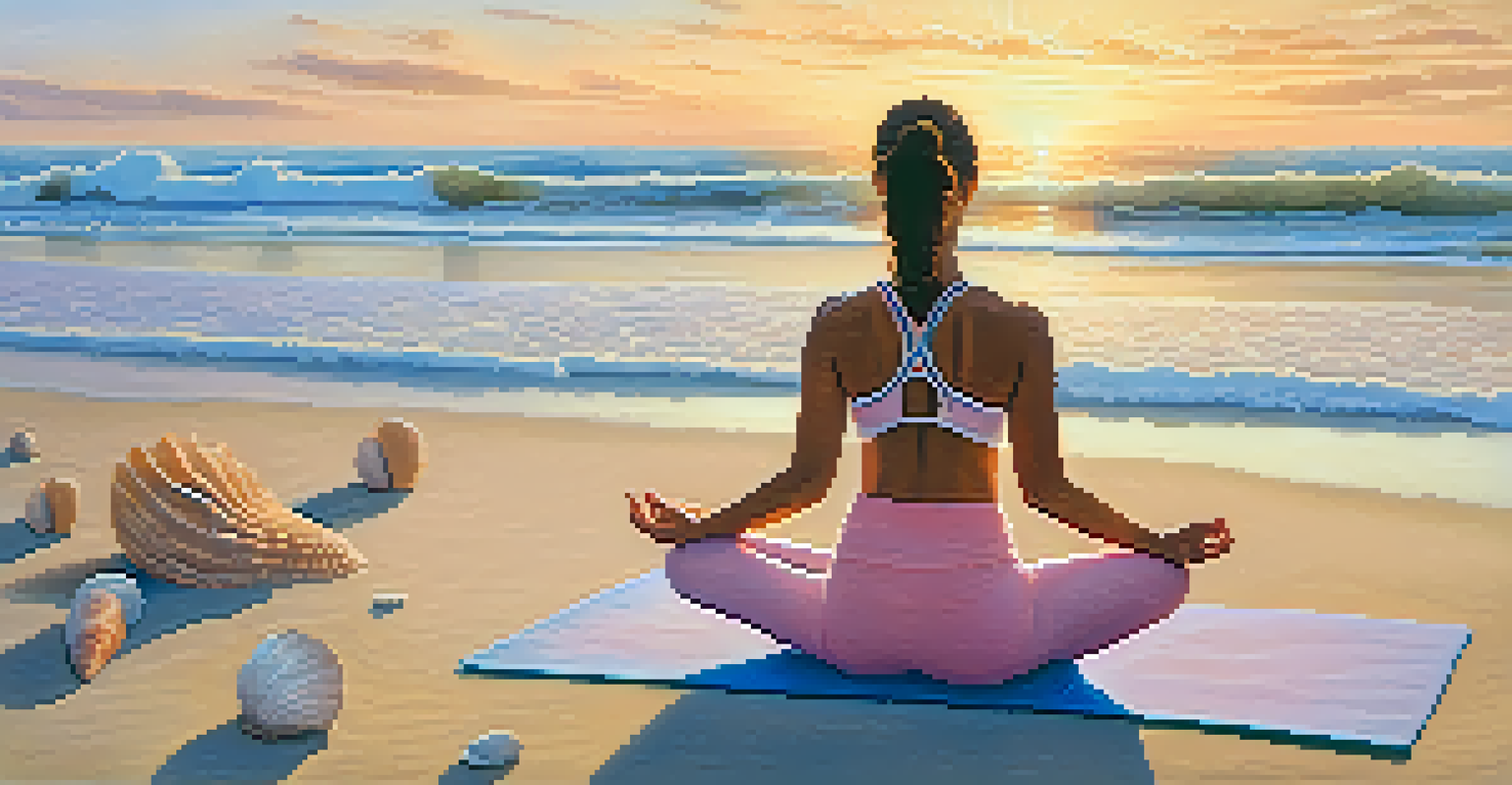 A person practicing yoga at sunrise on a peaceful beach, with calm waves and warm colors in the sky.