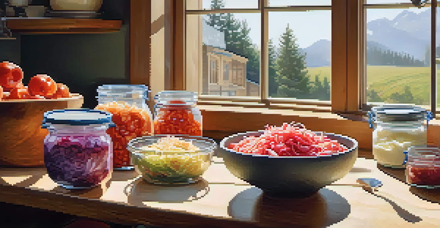 A kitchen with yogurt, berries, kimchi, and sauerkraut, illuminated by natural light.