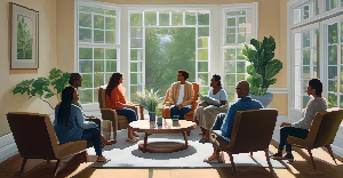A cozy group therapy session with diverse participants seated in a circle, sharing experiences in a well-lit room with plants and calming artwork.