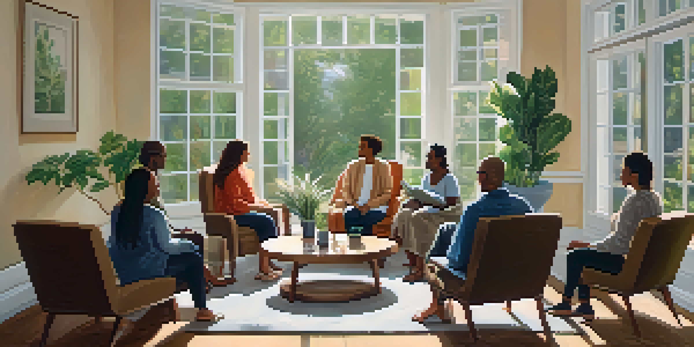 A cozy group therapy session with diverse participants seated in a circle, sharing experiences in a well-lit room with plants and calming artwork.