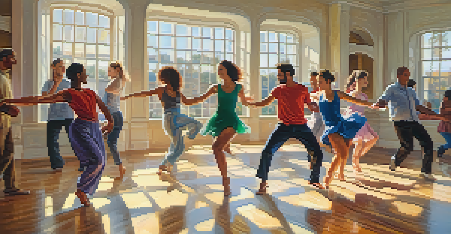 A diverse group of people dancing joyfully in a sunlit studio, expressing happiness and freedom.