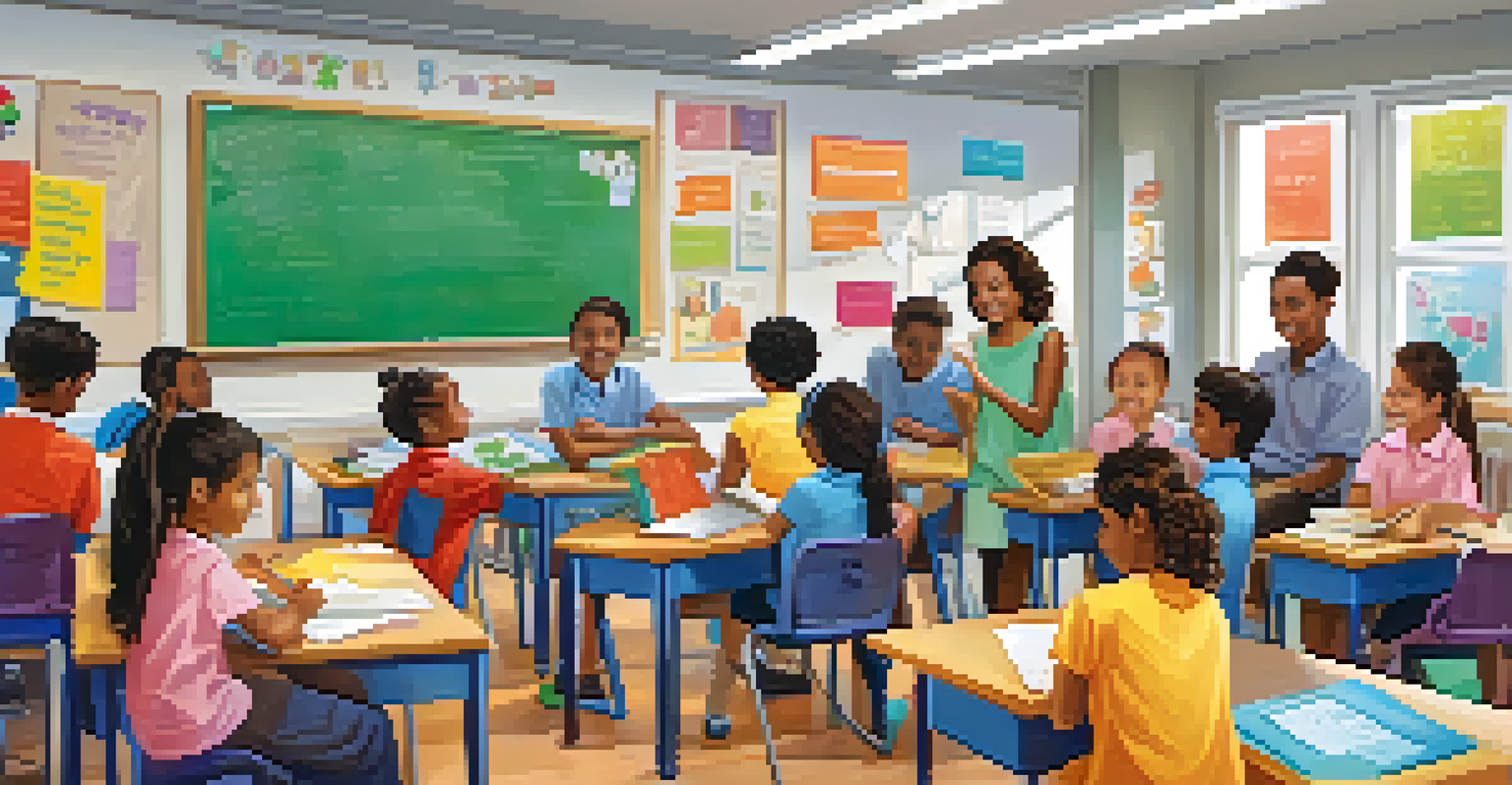 Students of diverse backgrounds interacting in a colorful classroom, engaged in a collaborative group activity with their teacher.