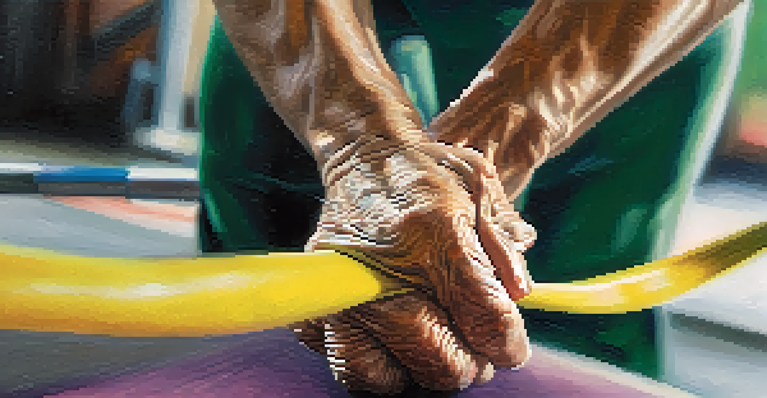A close-up of a senior man's hands gripping a resistance band, highlighting strength and focus during exercise.