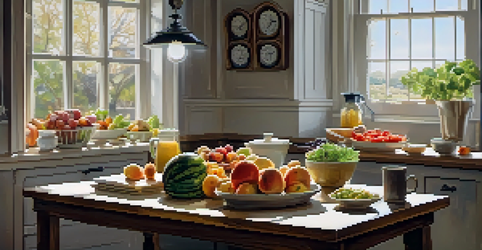 A kitchen with a wooden table filled with fresh fruits, vegetables, and grains, illuminated by natural light from a window, symbolizing meal prep for intermittent fasting.