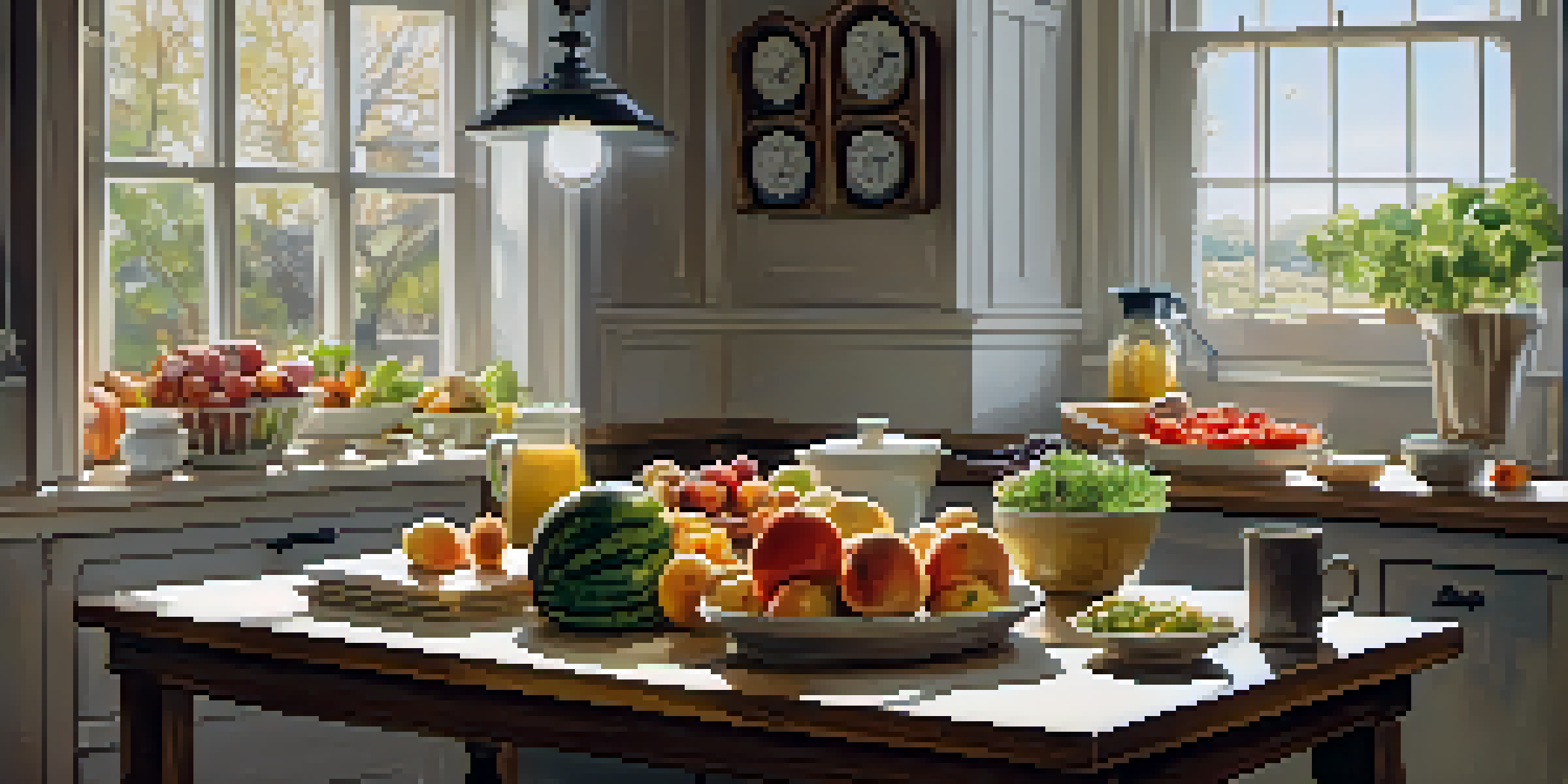 A kitchen with a wooden table filled with fresh fruits, vegetables, and grains, illuminated by natural light from a window, symbolizing meal prep for intermittent fasting.