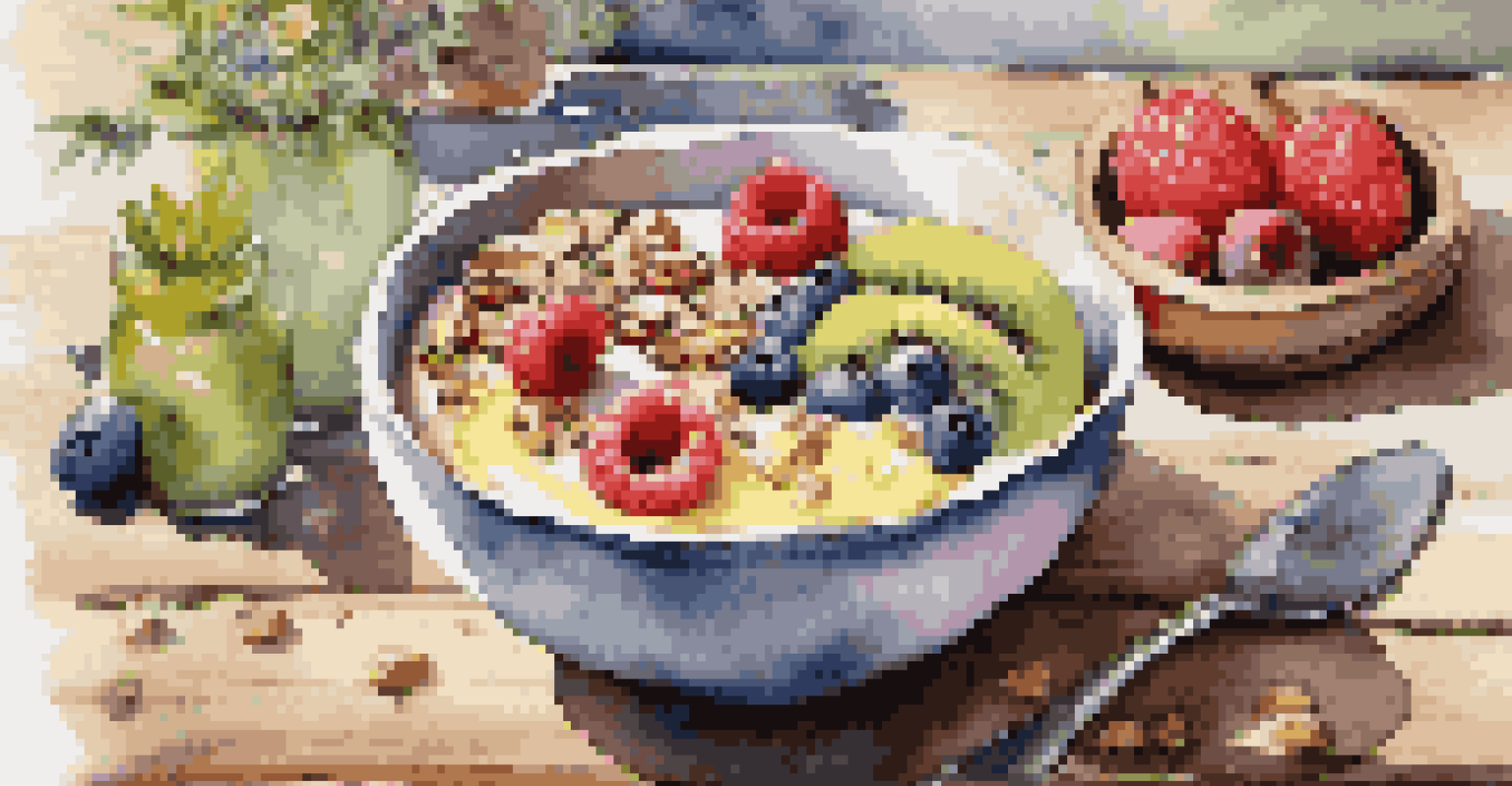 A colorful breakfast spread with a smoothie bowl topped with fruits and nuts on a wooden table, enhanced by sunlight.