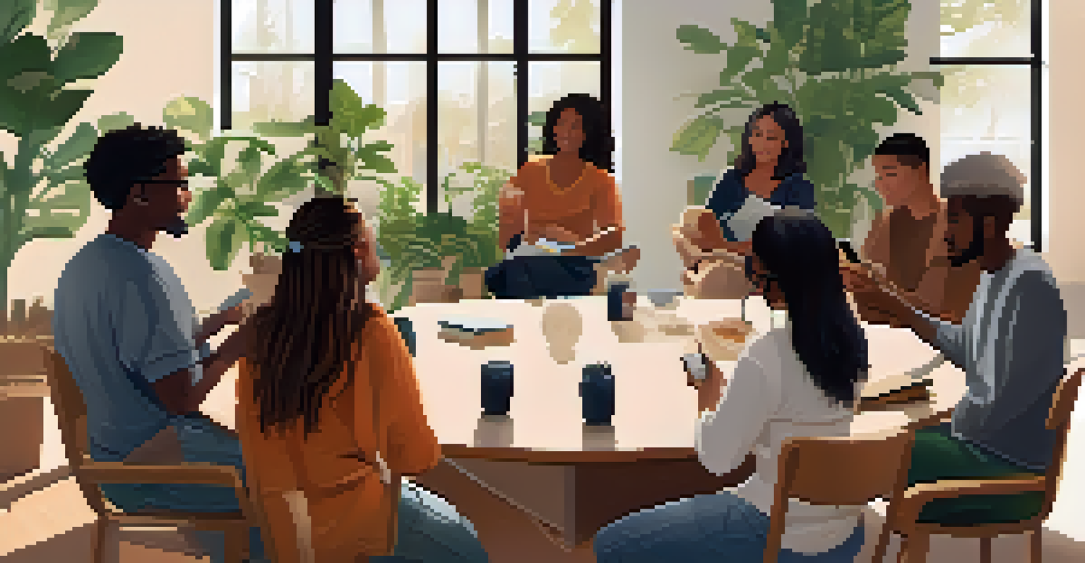 A diverse group of people in a support meeting using mobile apps, surrounded by greenery.