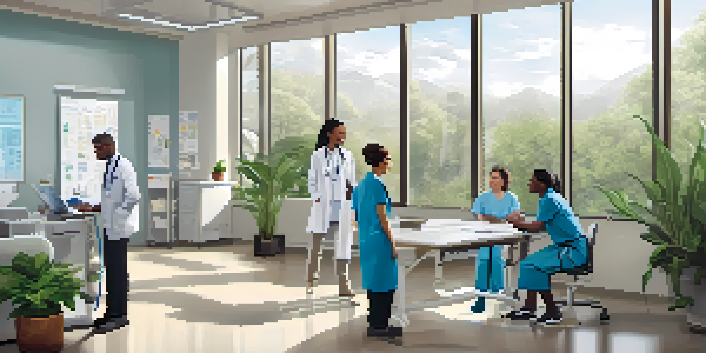 A group of diverse healthcare professionals in a modern clinic discussing patient care with natural light streaming in.