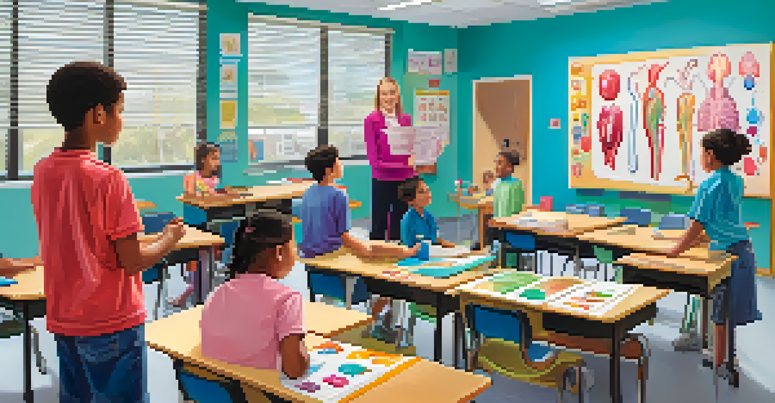 A teacher educating young students about organ donation in a colorful classroom, highlighting the importance of knowledge and awareness.