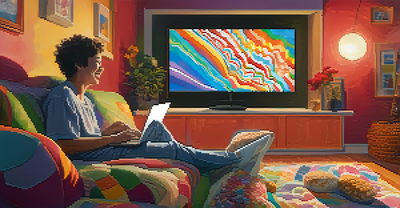 A person joyfully laughing while watching a comedy show on a laptop at home, with colorful sound waves representing laughter.