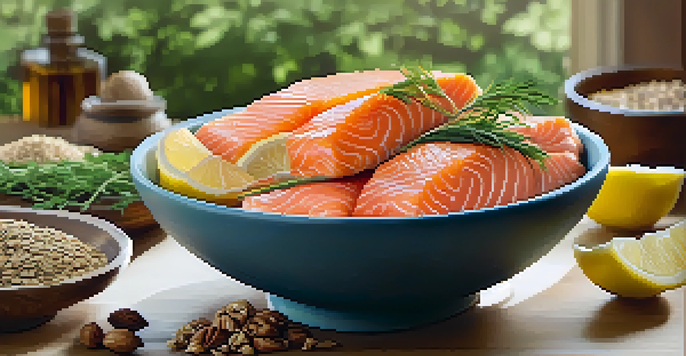 A wooden bowl filled with salmon, walnuts, and flaxseeds, set in a softly lit kitchen with herbs and lemon slices in the background.