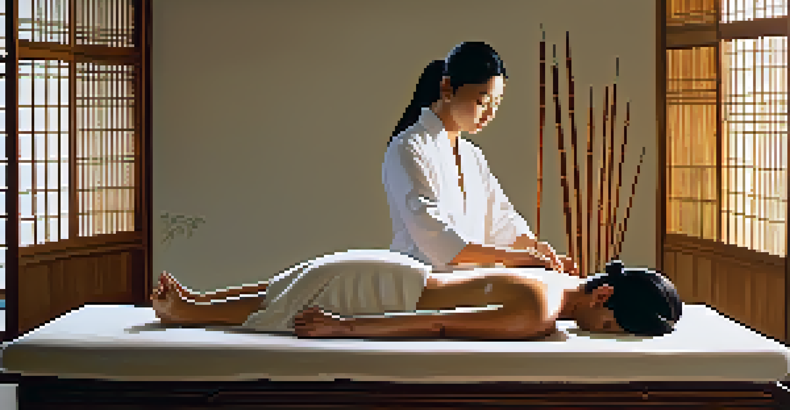 An acupuncture session in a softly lit room, with a practitioner placing needles on a client's back in a peaceful setting.