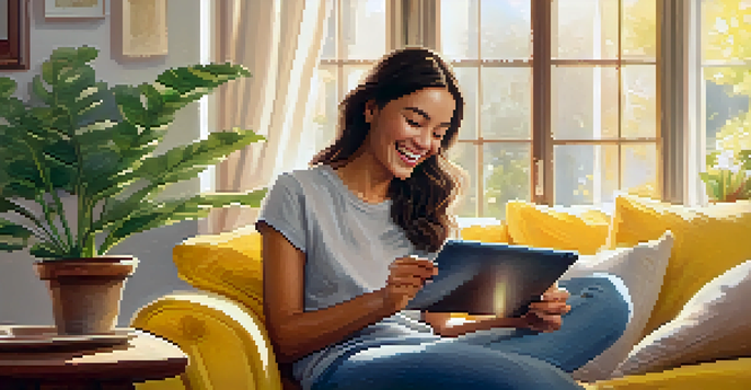 A person laughing while watching a funny video on a tablet in a cozy home setting, surrounded by a warm atmosphere.
