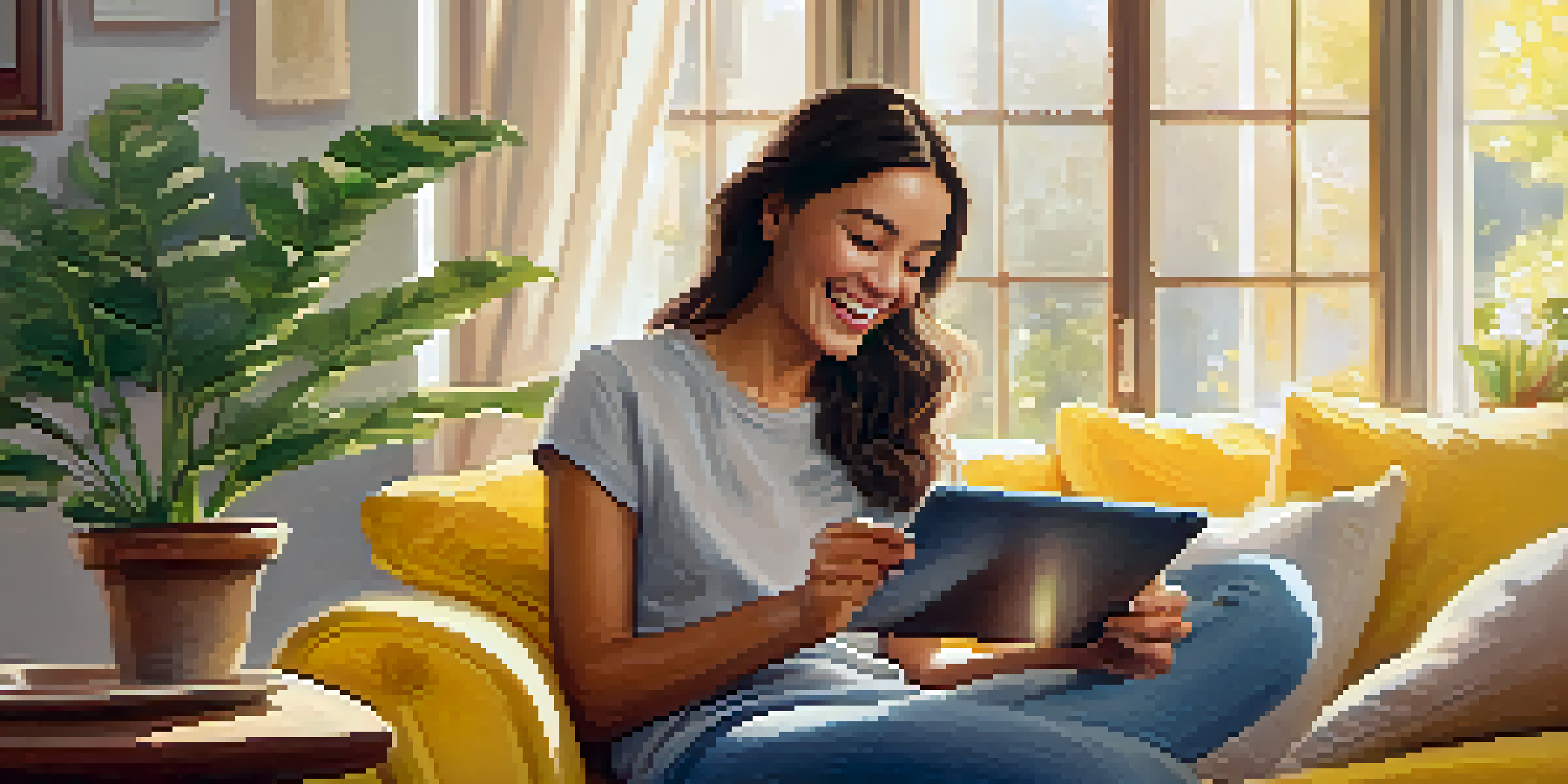 A person laughing while watching a funny video on a tablet in a cozy home setting, surrounded by a warm atmosphere.