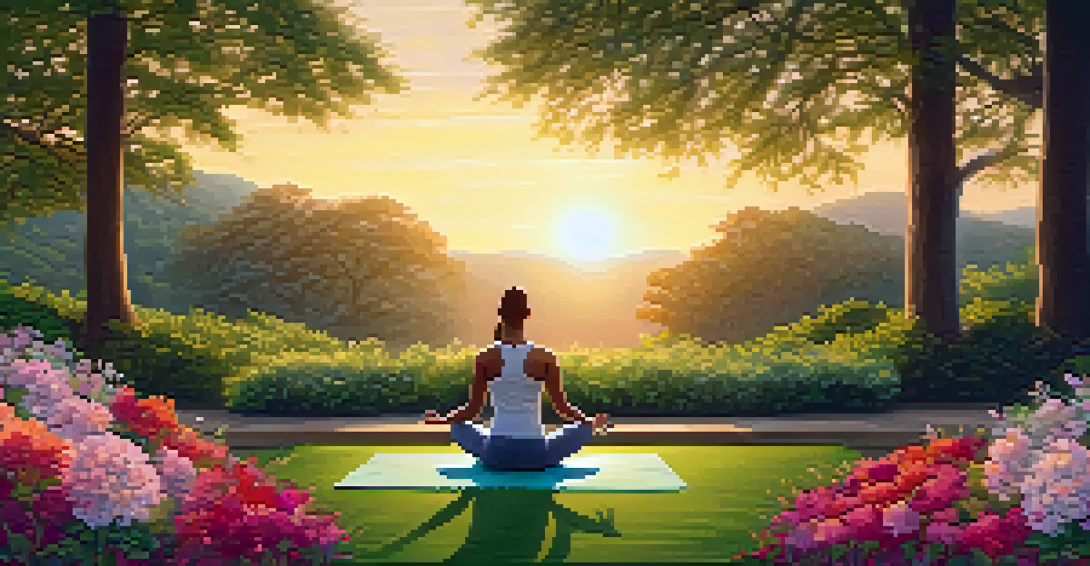 A person practicing yoga in a park during sunset, surrounded by flowers and trees.