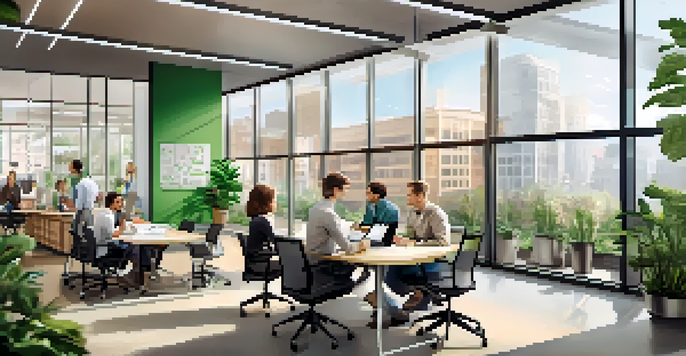 A bright office with employees collaborating around a table, surrounded by plants and a whiteboard.