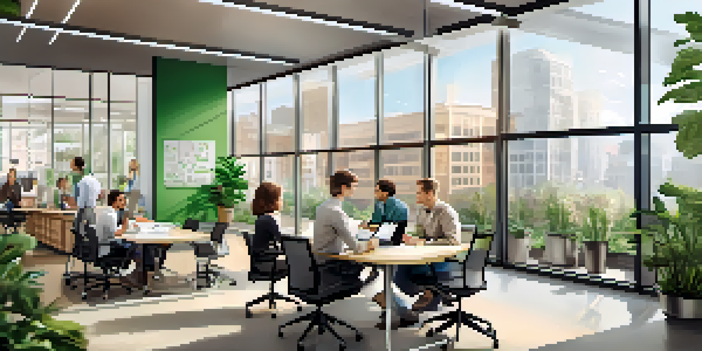 A bright office with employees collaborating around a table, surrounded by plants and a whiteboard.