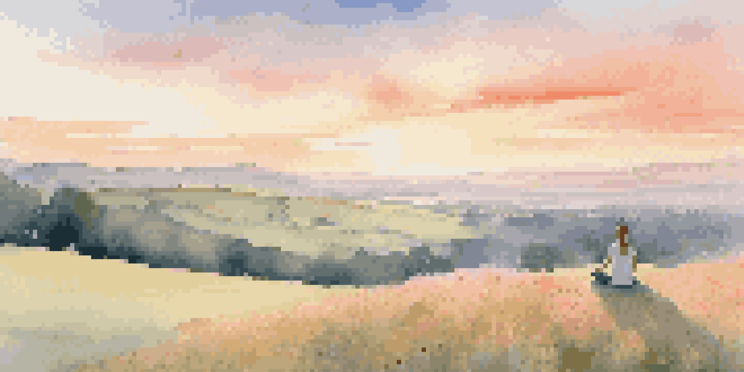 A person practicing yoga on a hilltop at sunrise, surrounded by flowers and rolling hills.