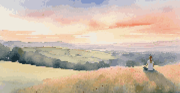 A person practicing yoga on a hilltop at sunrise, surrounded by flowers and rolling hills.