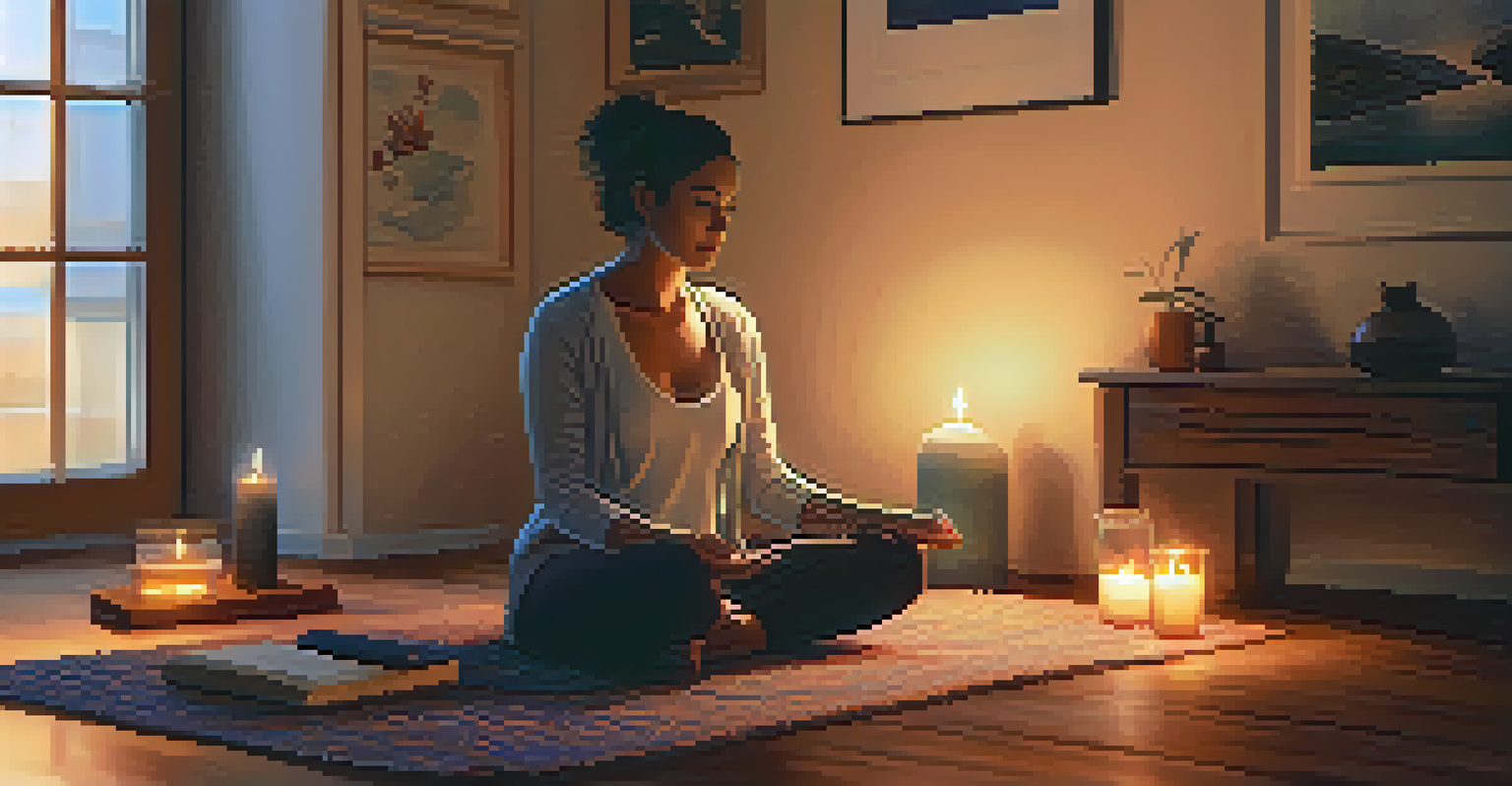 A person meditating on a yoga mat in a cozy room, surrounded by pillows and candles, with a journal and pen beside them.