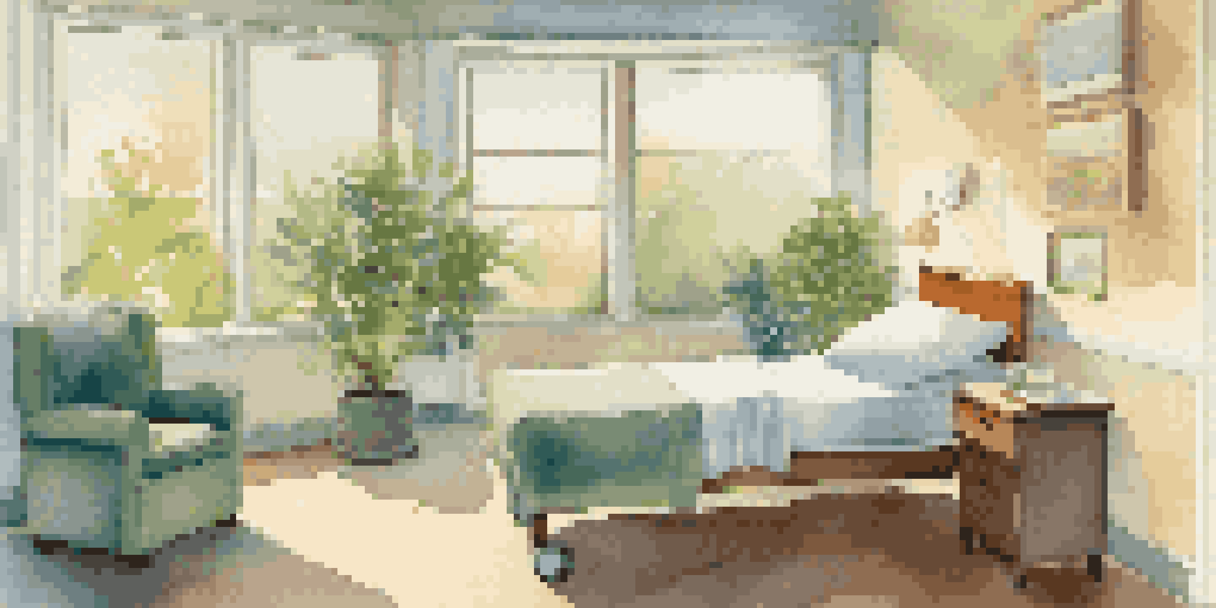 A hospital room with a warm color palette, featuring a comfortable bed, natural light, plants, and patient-friendly technology.
