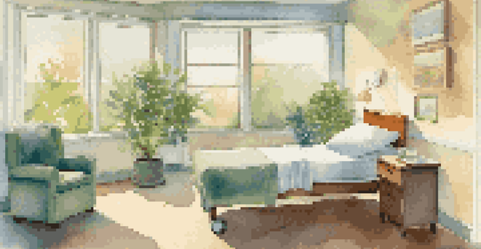 A hospital room with a warm color palette, featuring a comfortable bed, natural light, plants, and patient-friendly technology.