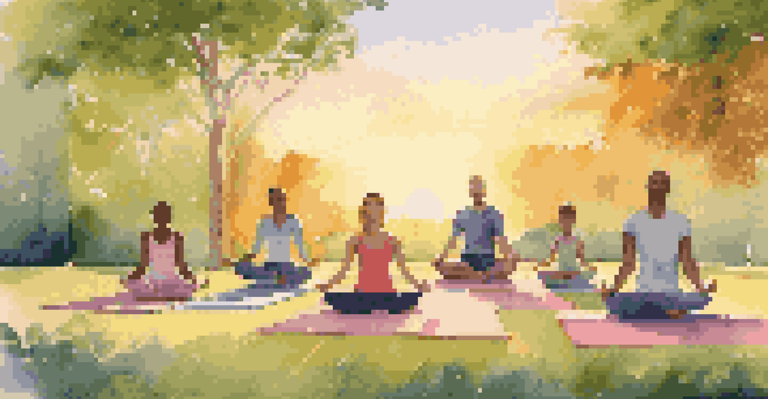 A family practicing yoga together in a park at sunset, with colorful mats and a peaceful natural setting.
