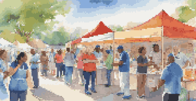 A vibrant community health fair with healthcare providers and attendees engaging warmly, surrounded by colorful banners and a clear blue sky.