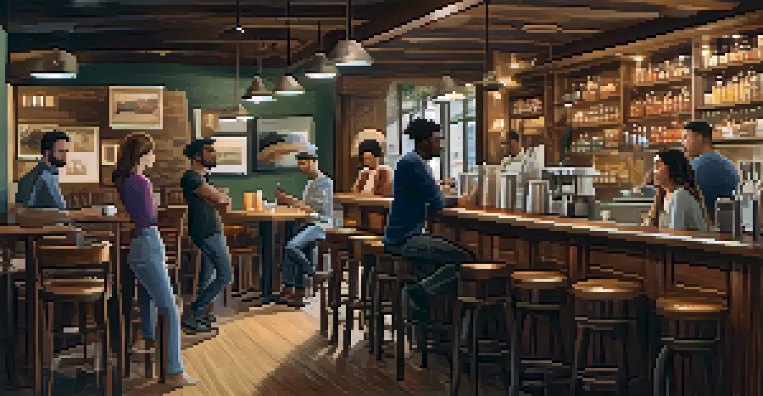 A warm coffee shop filled with people of different backgrounds having meaningful conversations, creating a sense of community.