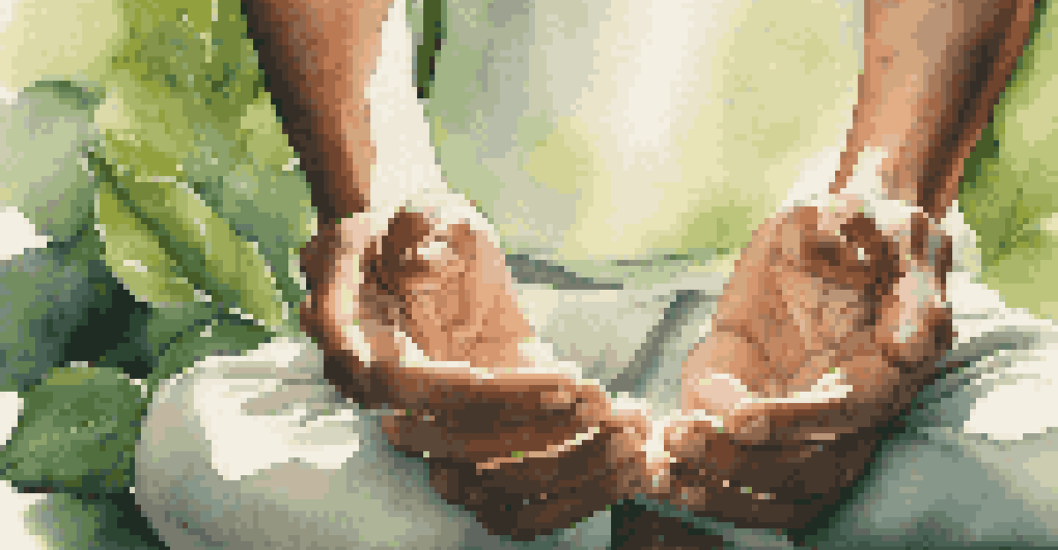Close-up of hands in a meditation pose, surrounded by lush greenery and soft sunlight.