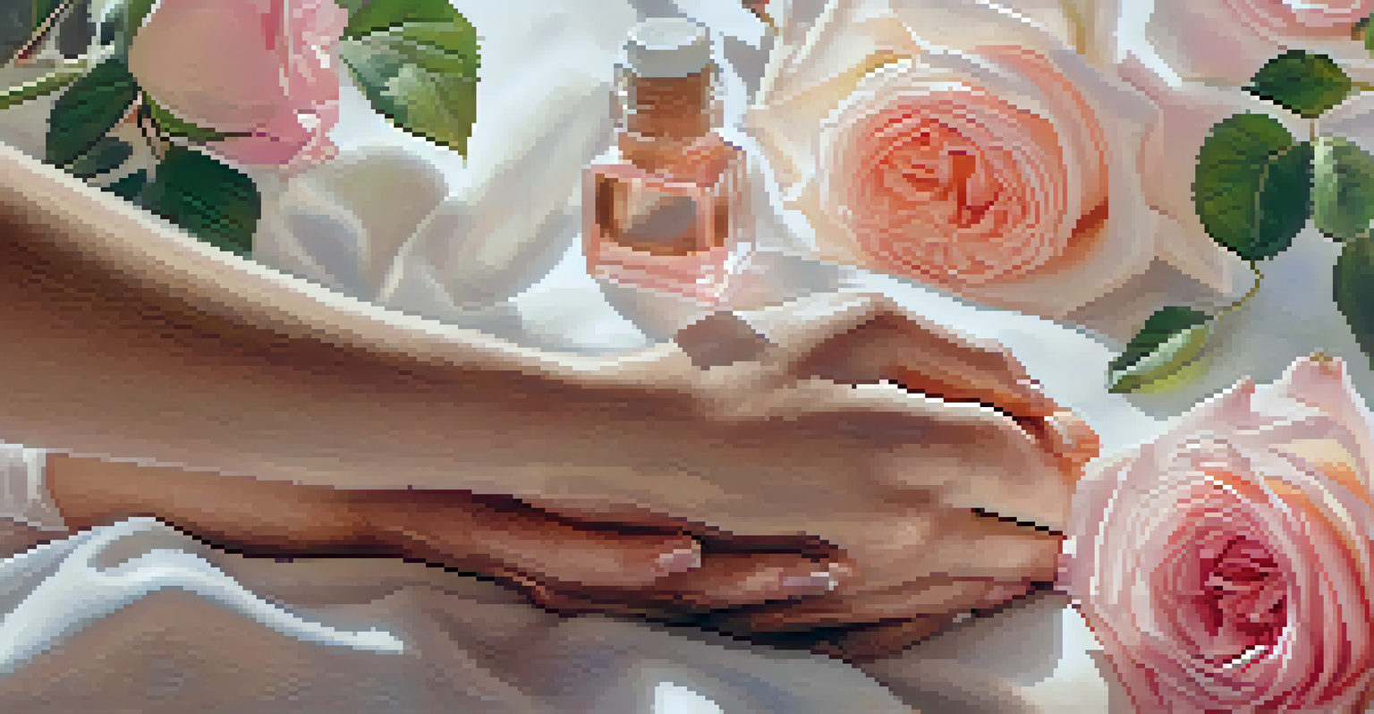 A close-up of hands applying diluted rose oil on wrists, with a blurred floral background, highlighting the essence of self-care.