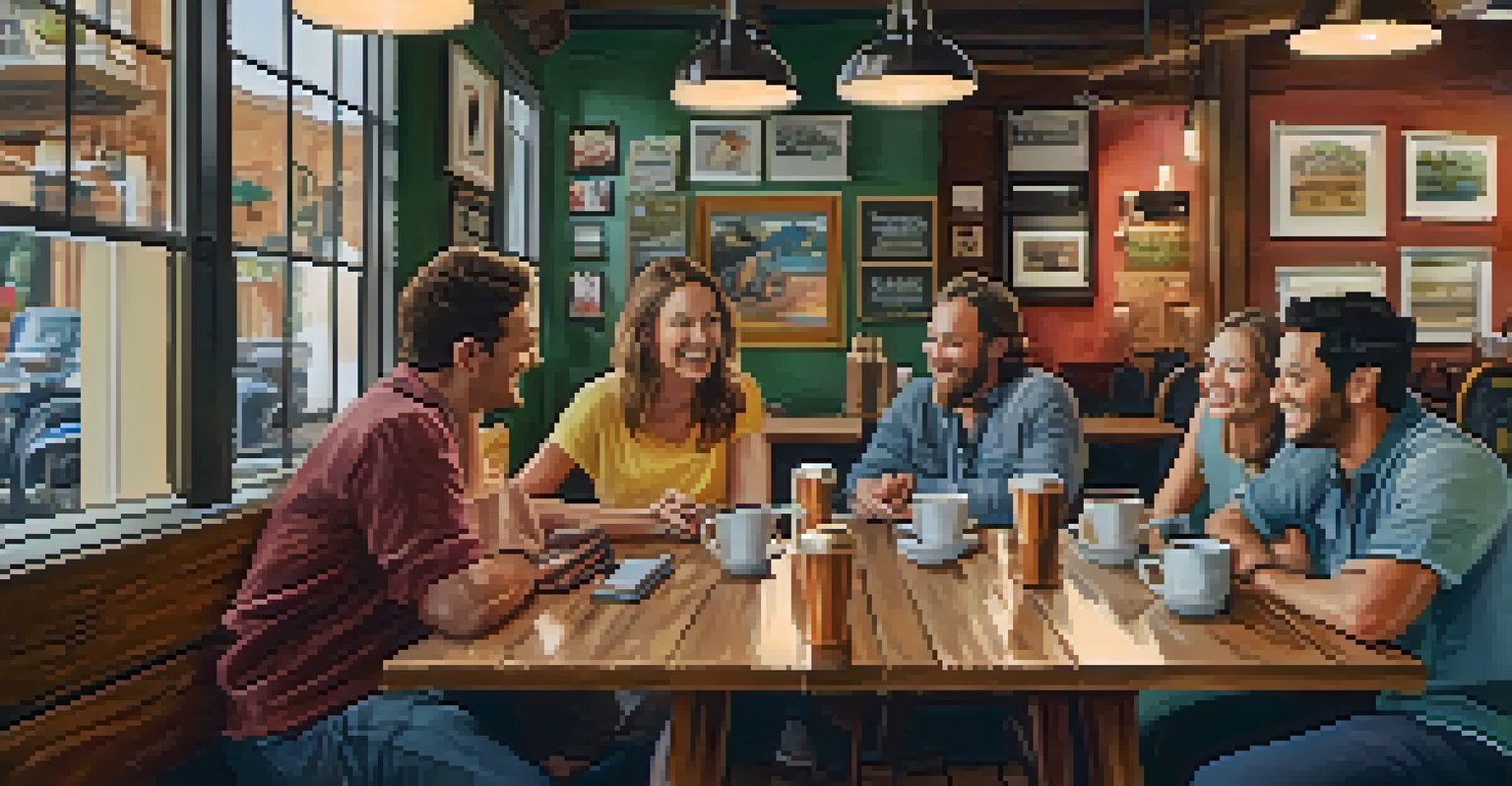 A cozy coffee shop with friends sharing laughter and stories around a table, surrounded by warm lighting and artistic decor.