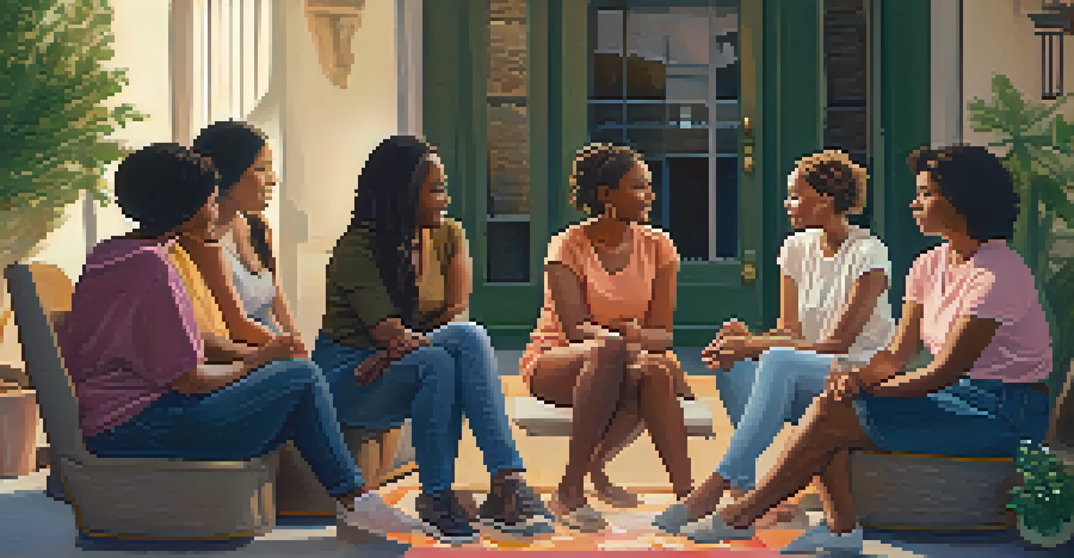 A diverse group of women sitting in a circle, engaged in a supportive conversation about grief, in a cozy and warm setting.