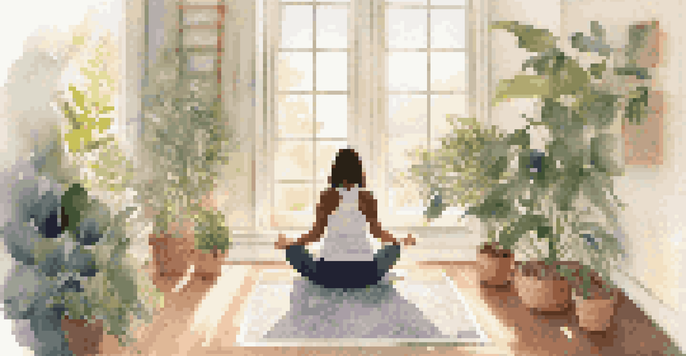 A person meditating on a yoga mat in a sunlit room, practicing positive affirmations with plants surrounding them.