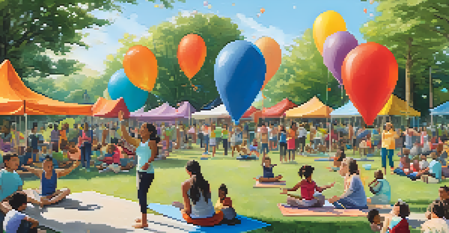 A lively community gathering in a park with families and friends enjoying activities together.