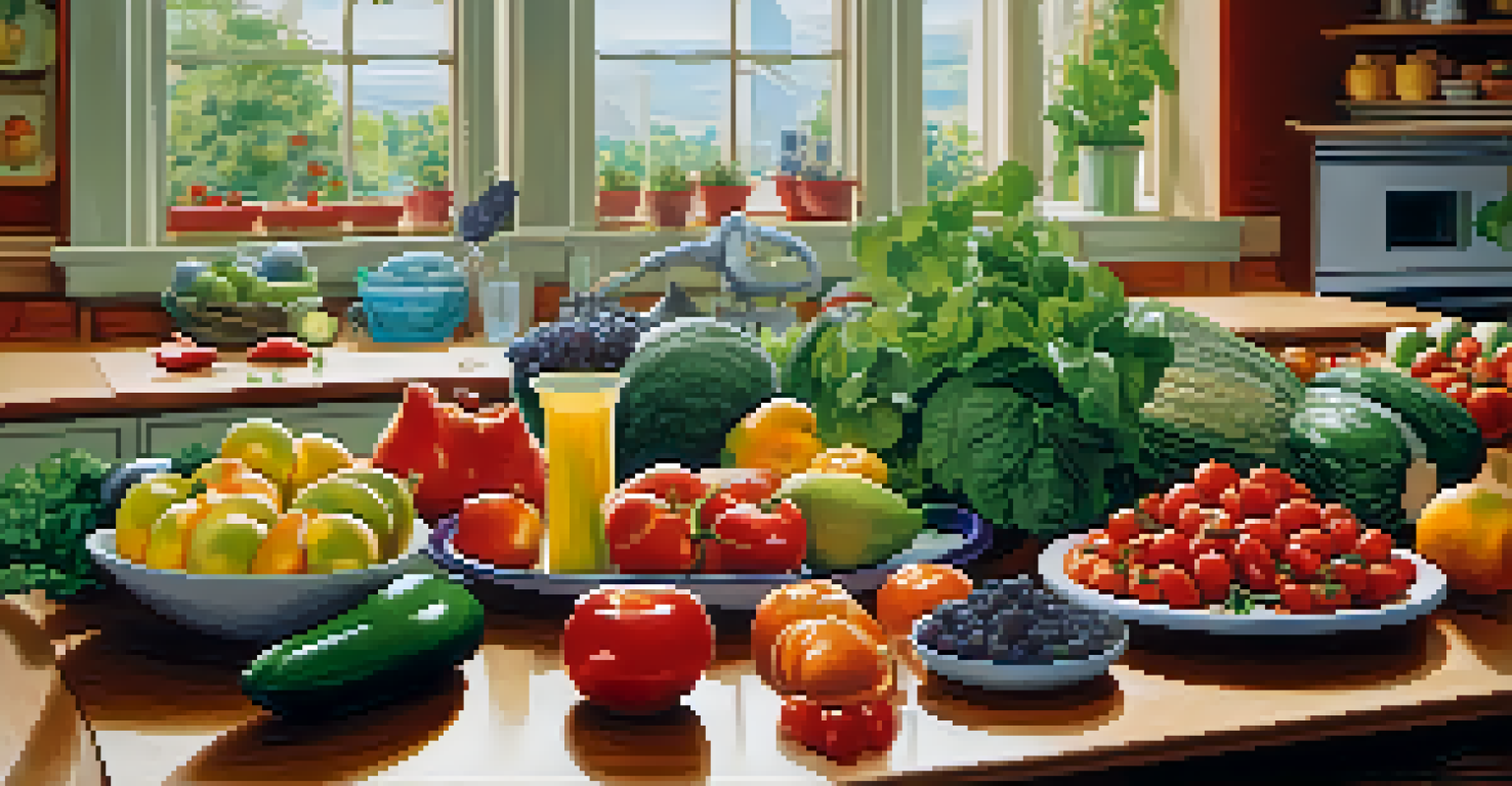 A colorful assortment of fresh fruits and vegetables on a kitchen countertop, with a person preparing a healthy meal.