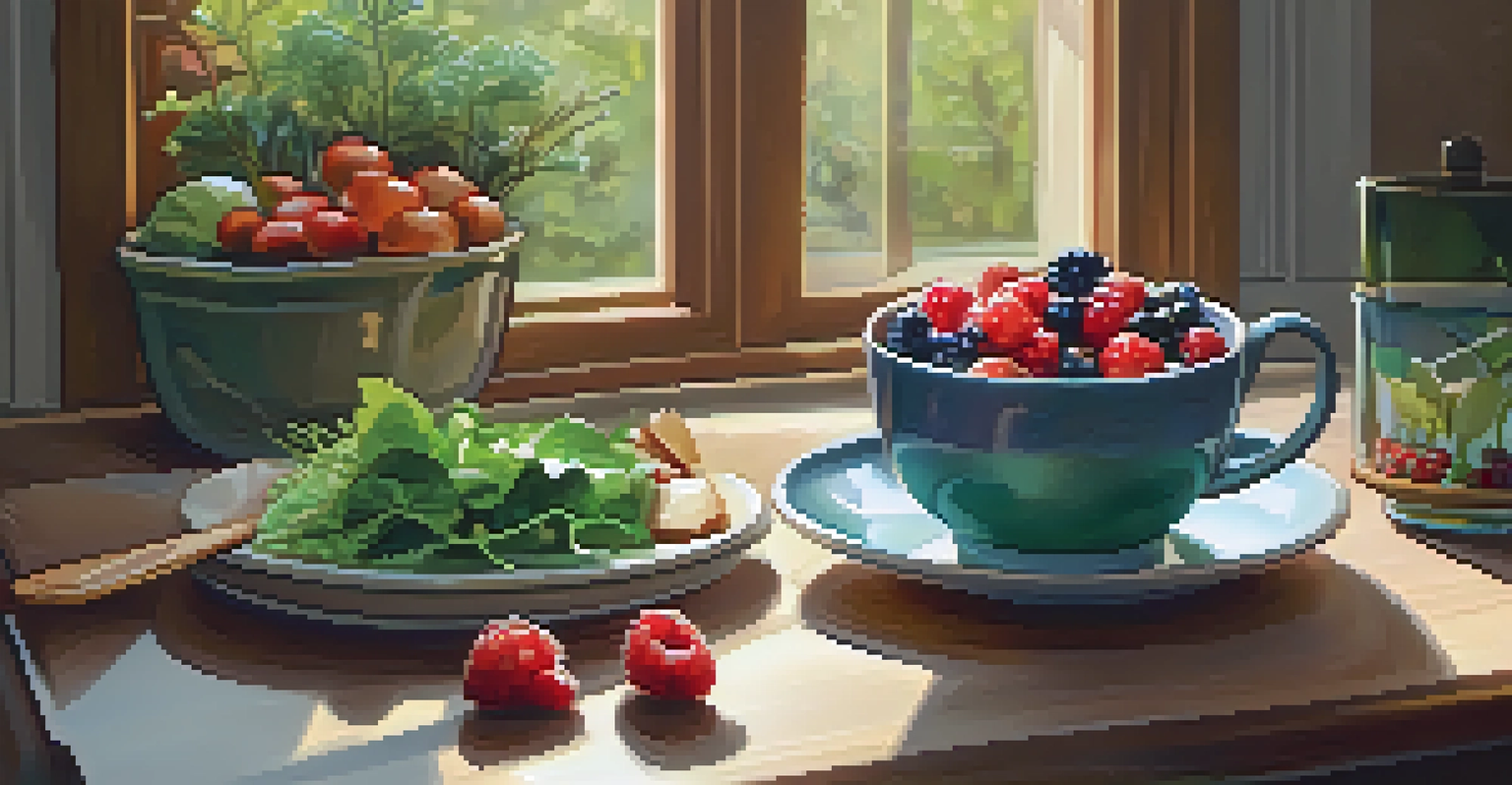 A kitchen table with a healthy meal of fish, berries, and greens, illuminated by warm sunlight, with a notebook and tea cup beside it.