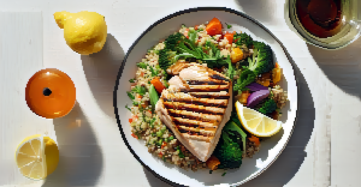 An overhead view of a plated meal with steamed vegetables, quinoa, and grilled chicken, garnished with herbs.