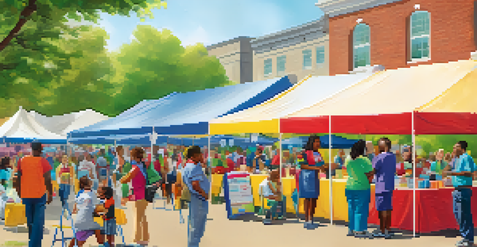 A lively health and wellness fair with diverse attendees interacting with health service providers and colorful booths.