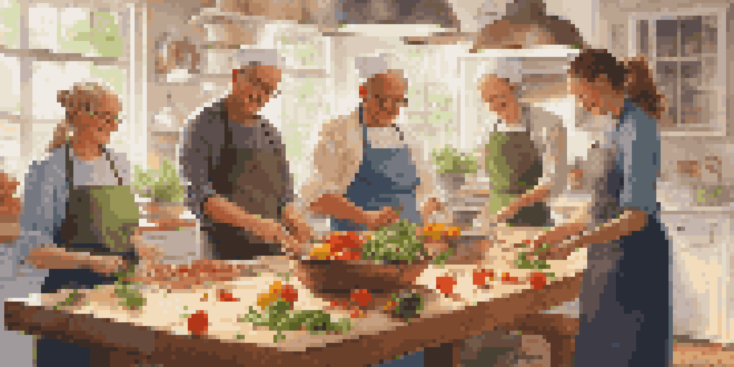 A lively cooking demonstration featuring a diverse group of participants watching a chef prepare fresh vegetables in a bright kitchen.