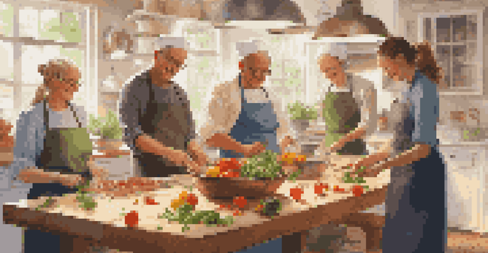 A lively cooking demonstration featuring a diverse group of participants watching a chef prepare fresh vegetables in a bright kitchen.