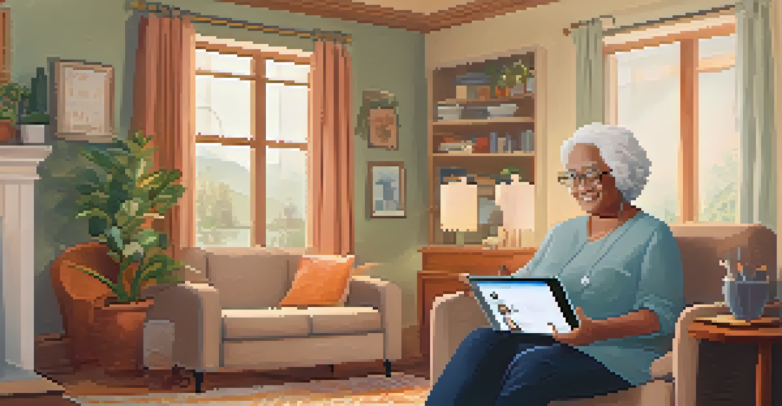 An elderly person engaged in a telehealth consultation using a tablet at home in a cozy living room.