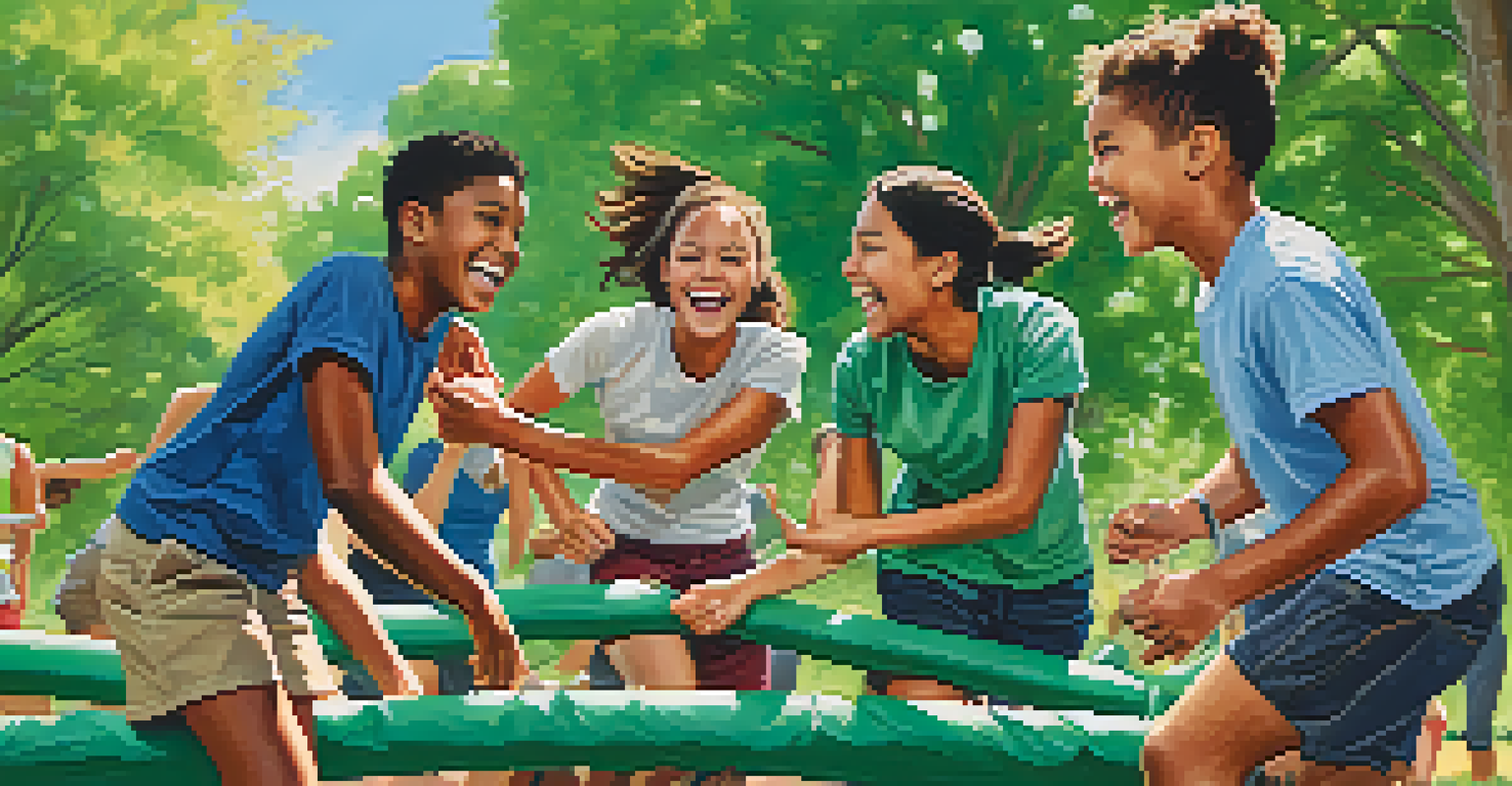A group of young individuals laughing and working together on an outdoor obstacle course in a park, surrounded by greenery and a clear blue sky.
