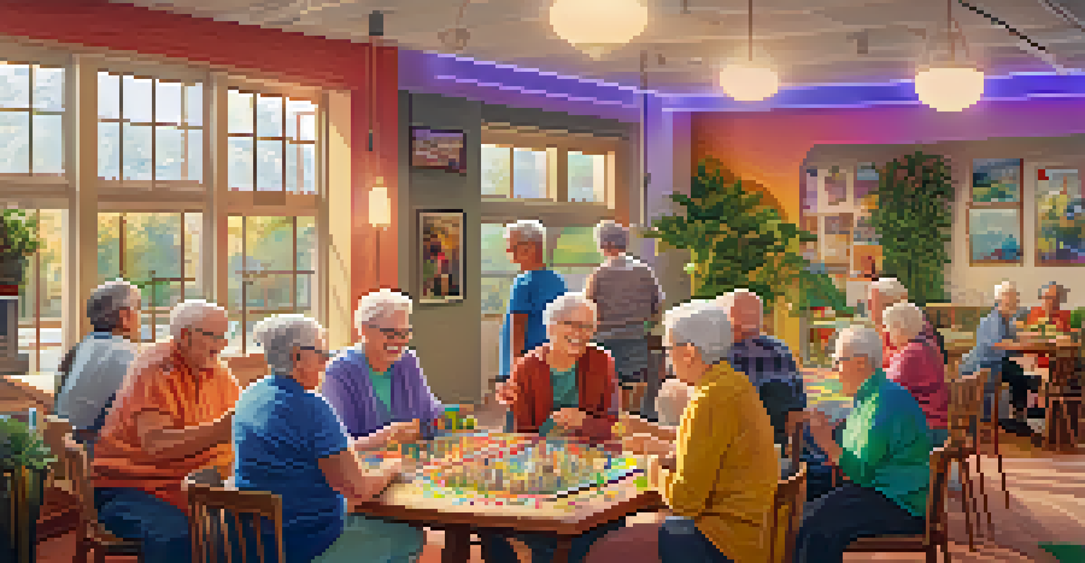 An interior view of a vibrant community center filled with LGBTQ+ seniors engaging in activities and enjoying each other's company.