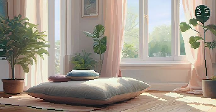 A peaceful meditation area indoors with soft lighting, a meditation cushion, and green plants.