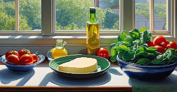 A wooden kitchen countertop displaying five fresh cooking ingredients: spinach, tomatoes, cheese, eggs, and olive oil with soft natural lighting.